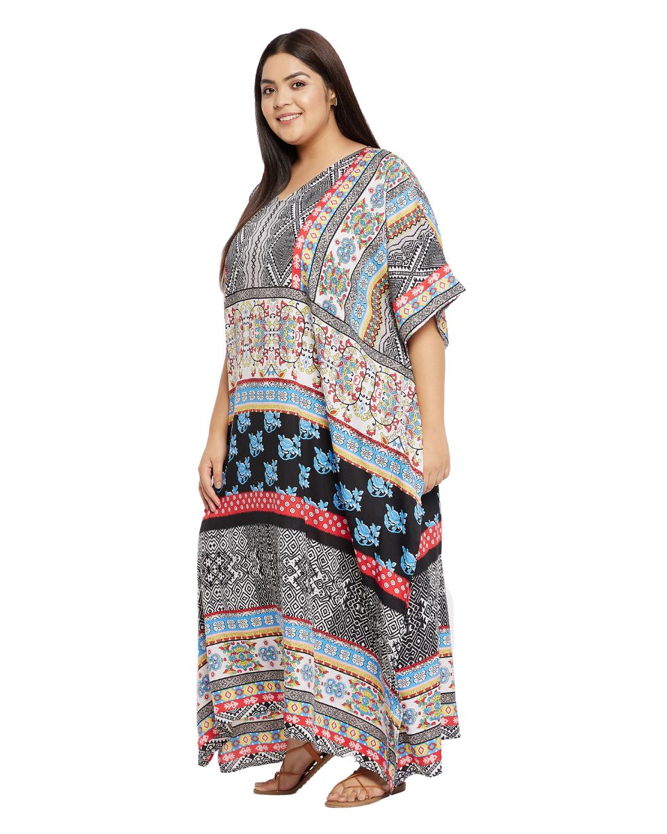 Floral Printed Black Polyester Plus size Kaftan Dress For Women