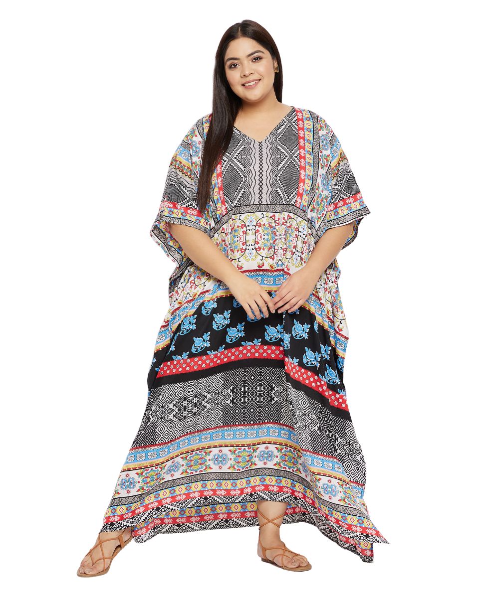 Floral Printed Black Polyester Plus size Kaftan Dress For Women