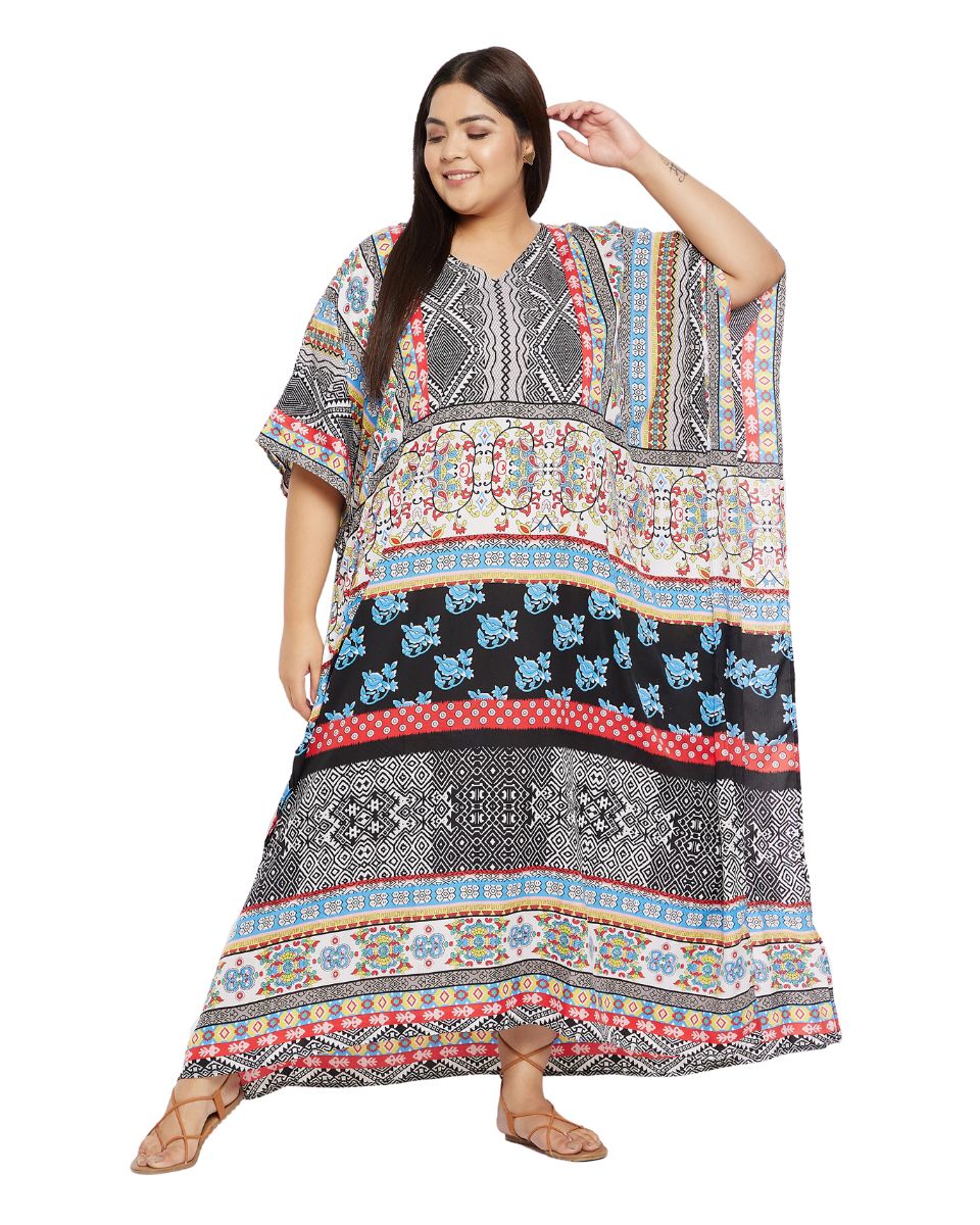 Floral Printed Black Polyester Plus size Kaftan Dress For Women