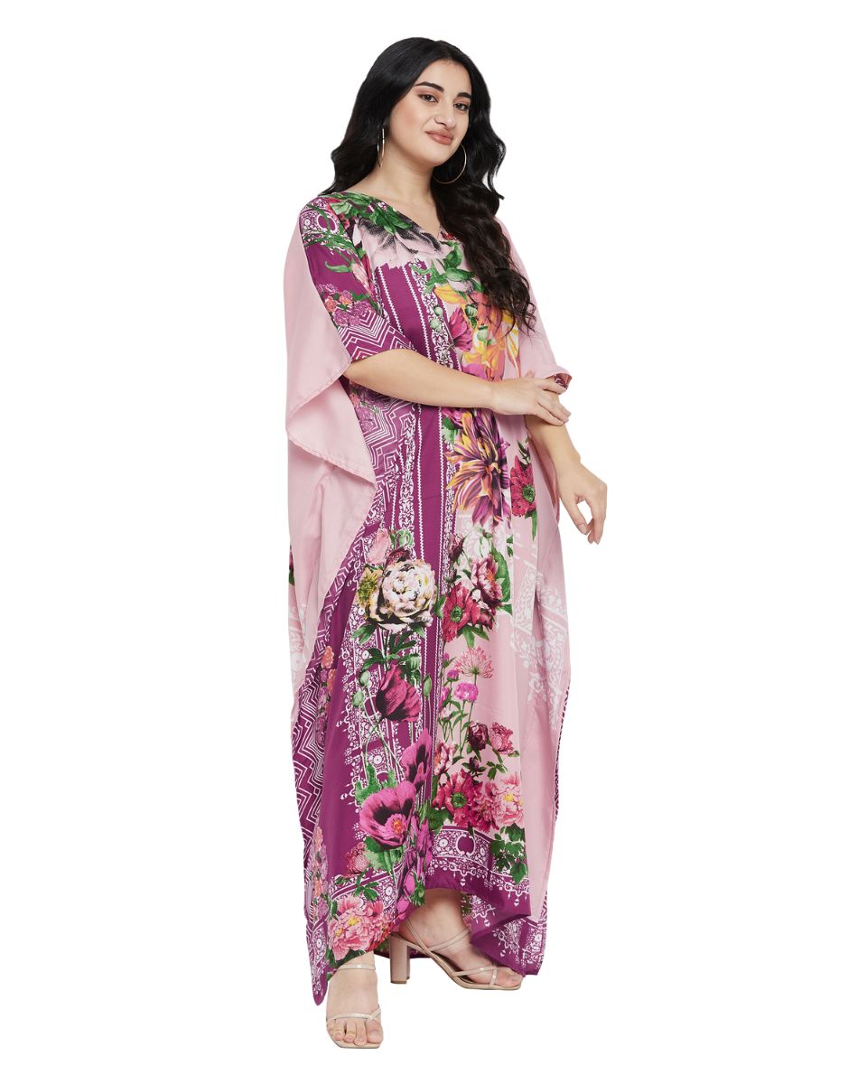 Floral Printed Pink Polyester Kaftan Plus Size Dress For Women