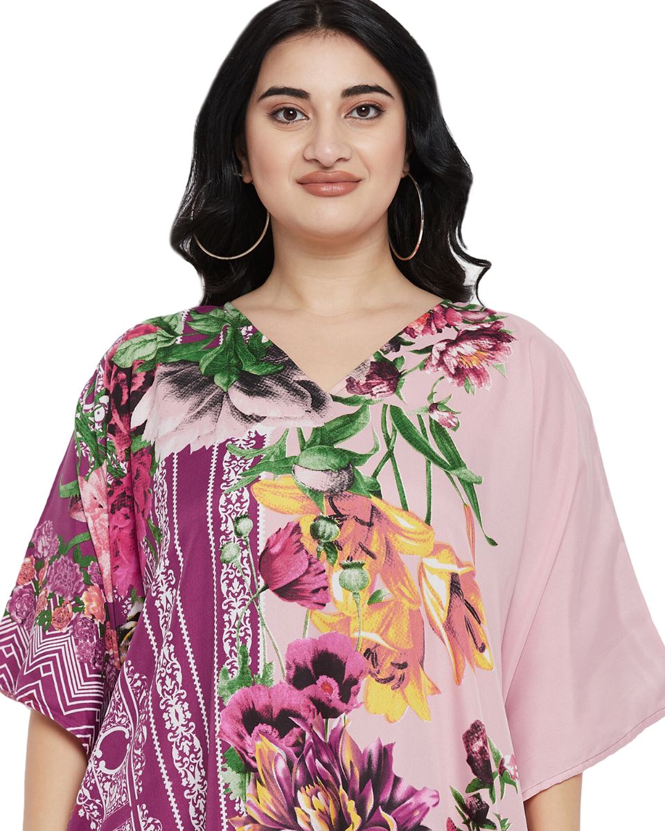 Floral Printed Pink Polyester Kaftan Plus Size Dress For Women