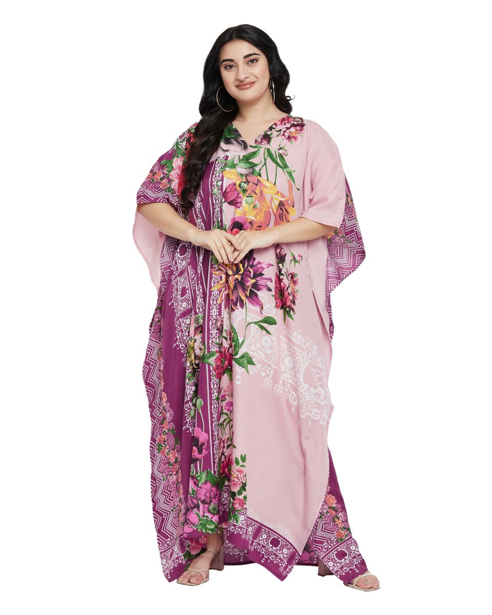 Floral Printed Pink Polyester Kaftan Plus Size Dress For Women