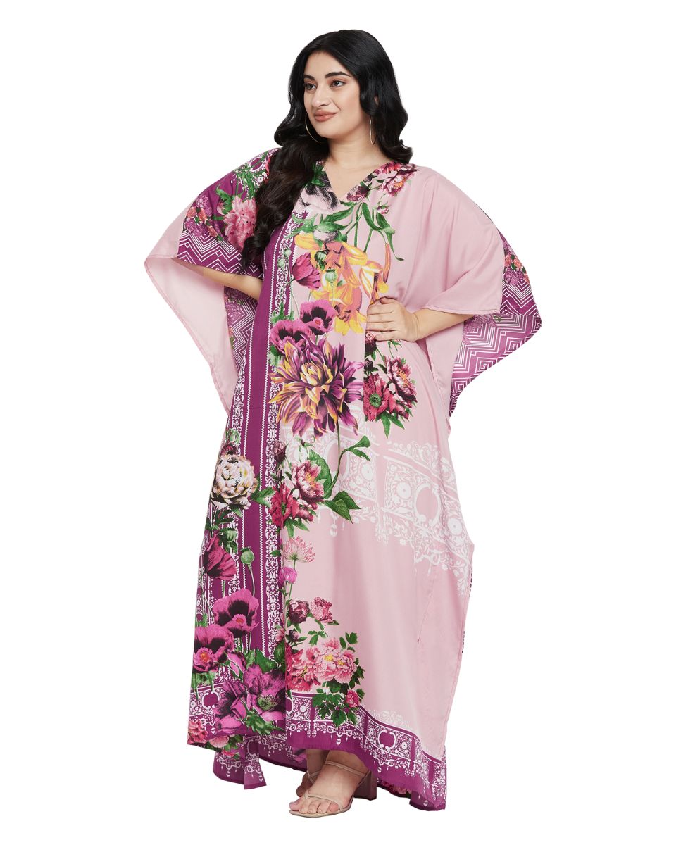 Floral Printed Pink Polyester Kaftan Plus Size Dress For Women