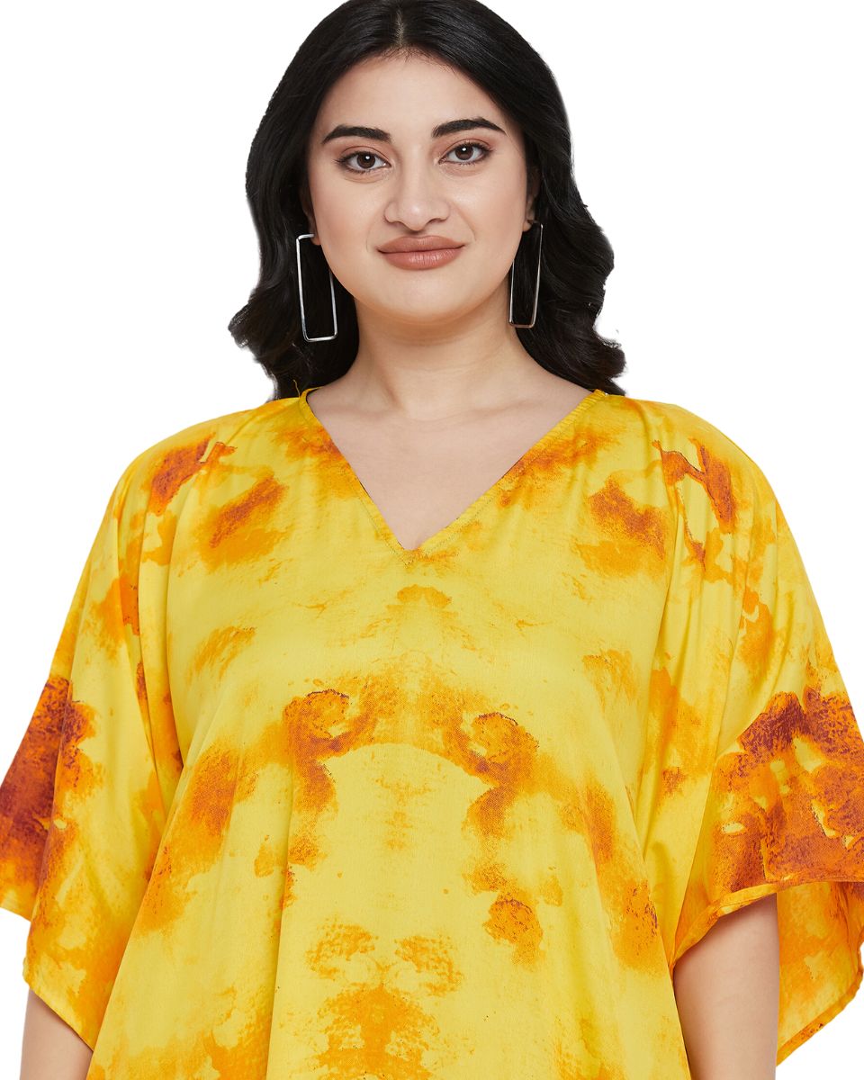 Yellow Tribal Printed Polyester Kaftan For Plus Size Women