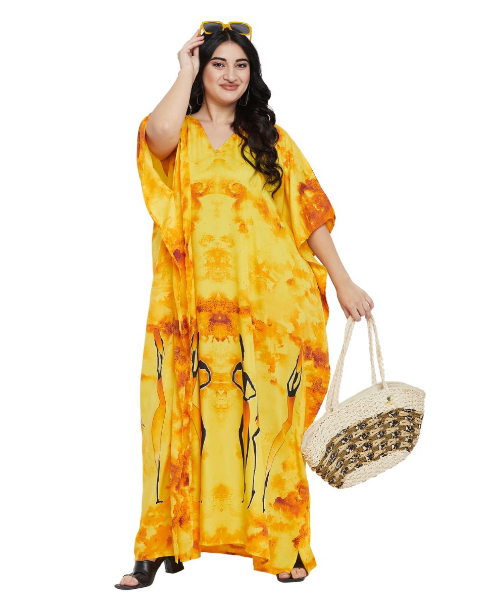 Yellow Tribal Printed Polyester Kaftan For Plus Size Women