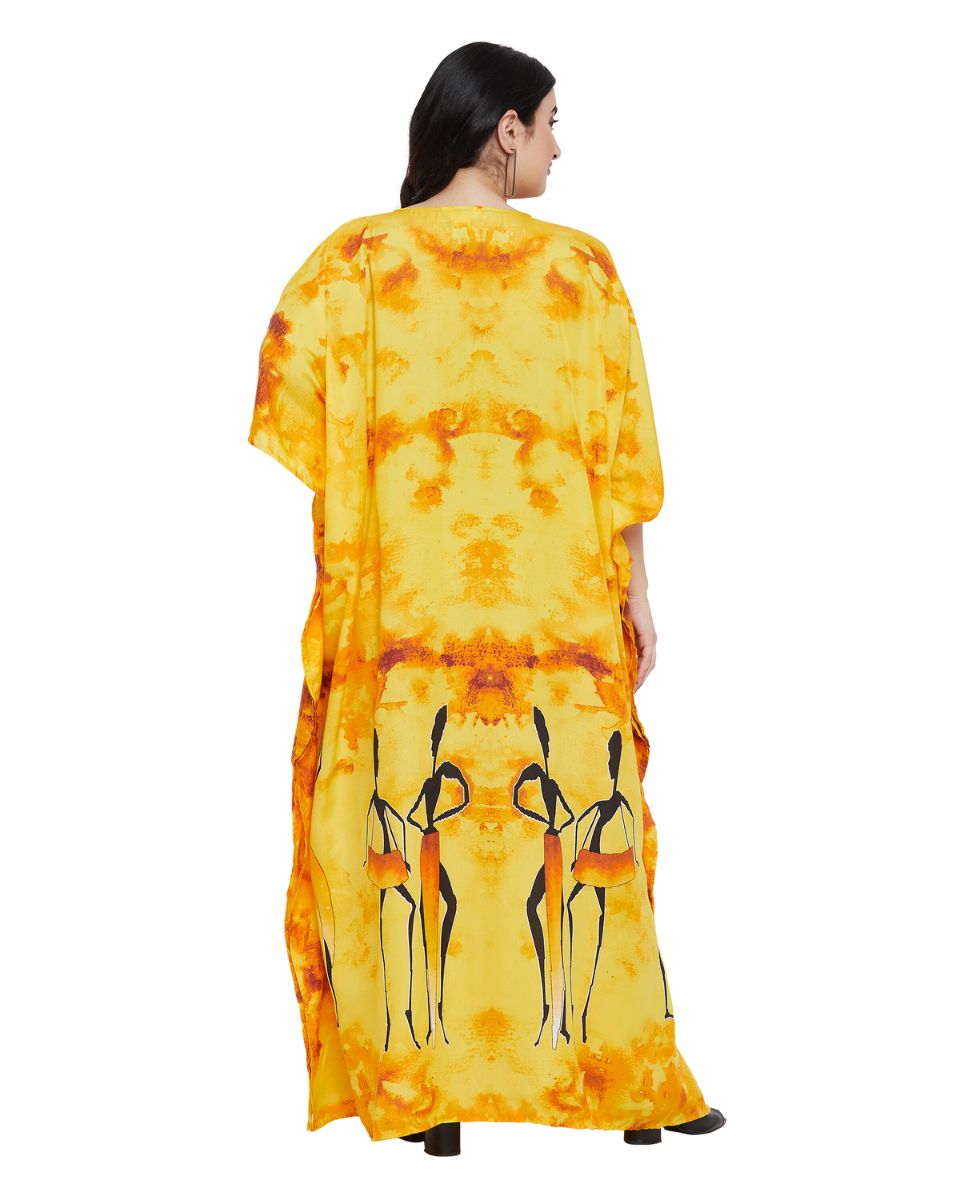 Yellow Tribal Printed Polyester Kaftan For Plus Size Women