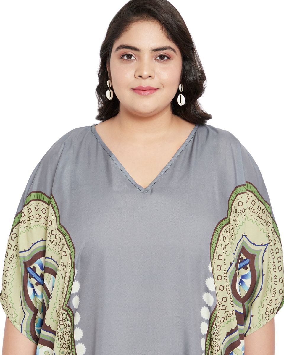 Abstract Printed Gray White Polyester Kaftan Dress Plus Size For Women