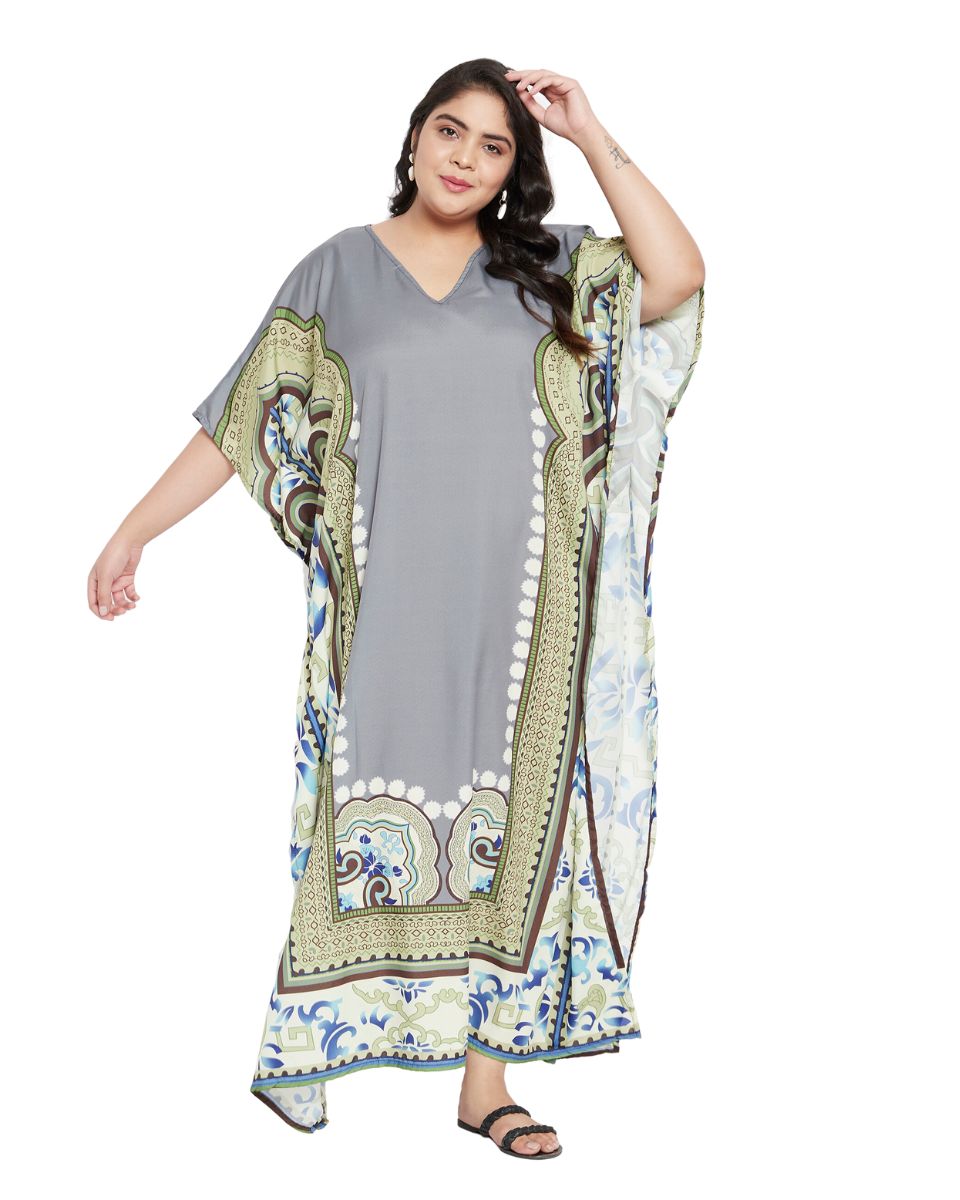 Abstract Printed Gray White Polyester Kaftan Dress Plus Size For Women