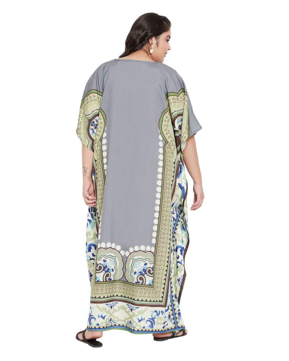 Abstract Printed Gray White Polyester Kaftan Dress Plus Size For Women