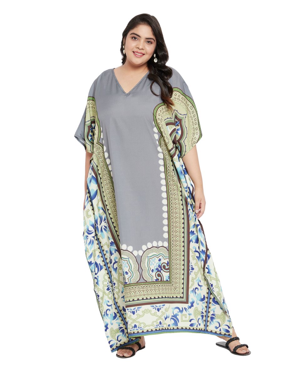 Abstract Printed Gray White Polyester Kaftan Dress Plus Size For Women