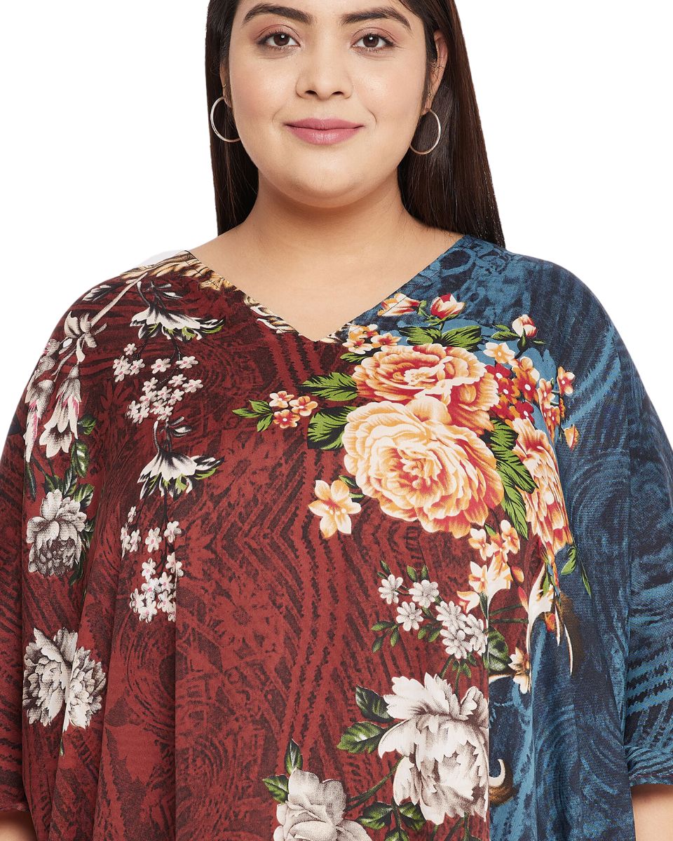 Floral Printed Brown Polyester Plus Size Kaftan Dress For Women