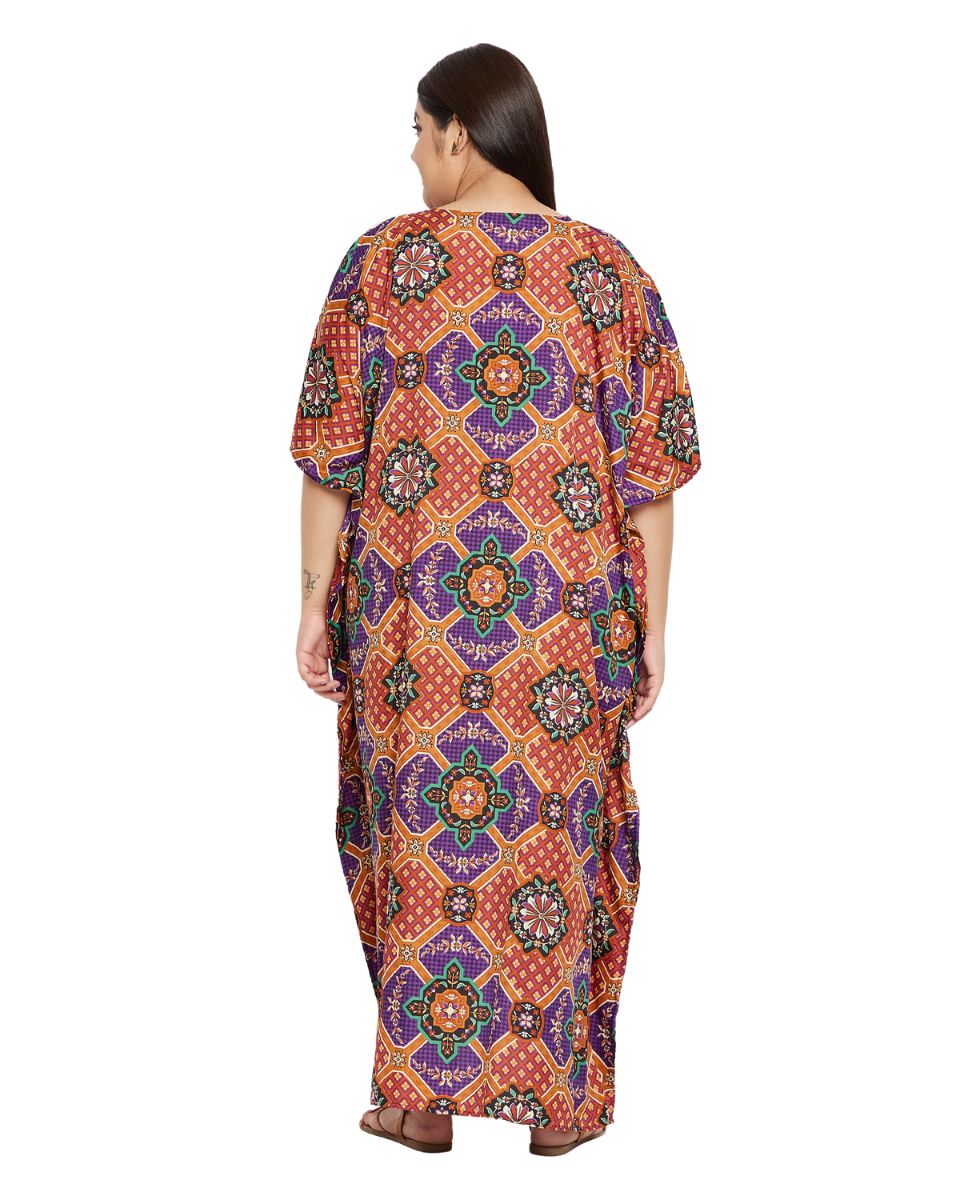 Floral Printed Purple Polyester Plus Size Kaftan Dress For Women