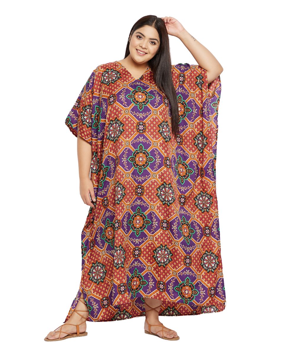 Floral Printed Purple Polyester Plus Size Kaftan Dress For Women