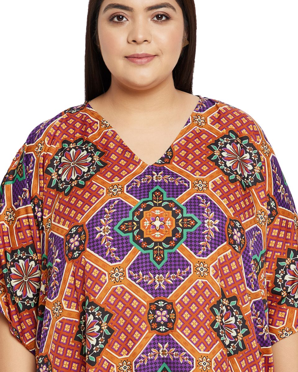 Floral Printed Purple Polyester Plus Size Kaftan Dress For Women