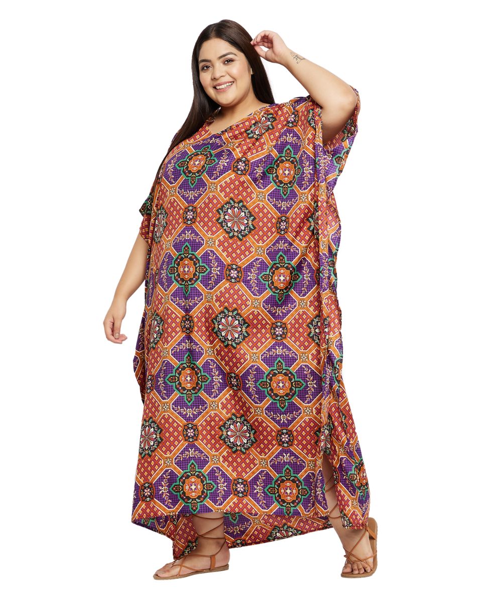 Floral Printed Purple Polyester Plus Size Kaftan Dress For Women