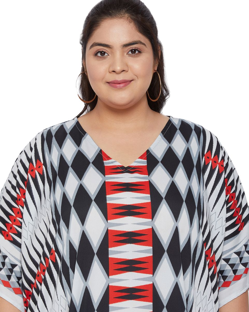 Geometric Printed Black Plus Size Polyester Kaftan Dress For Women