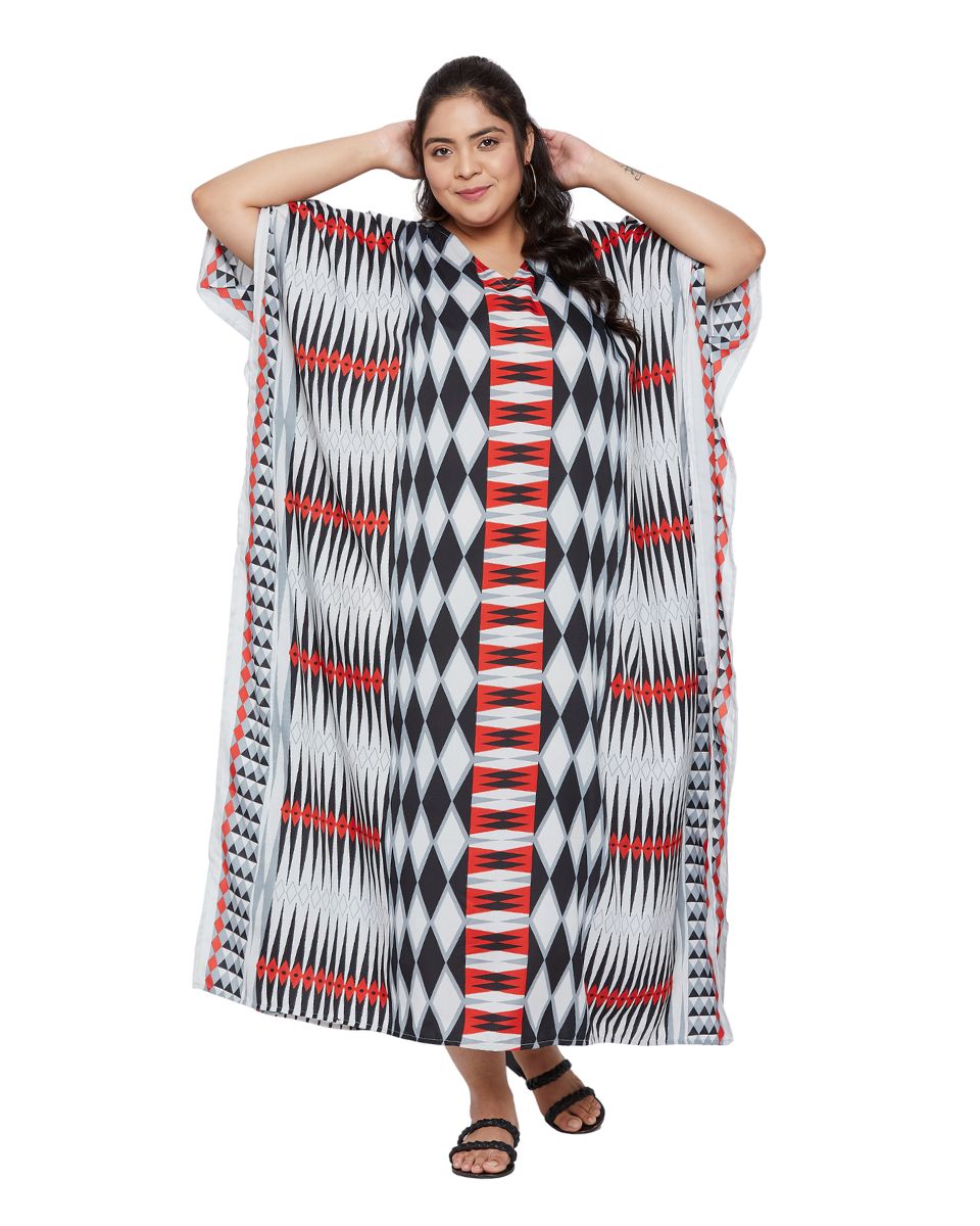 Geometric Printed Black Plus Size Polyester Kaftan Dress For Women