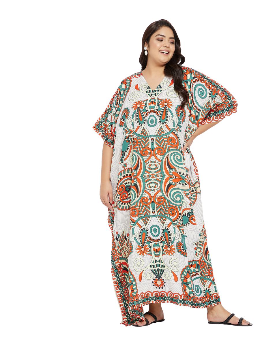 Floral Printed Multicolor Polyester Kaftan Plus Size Dress For Women