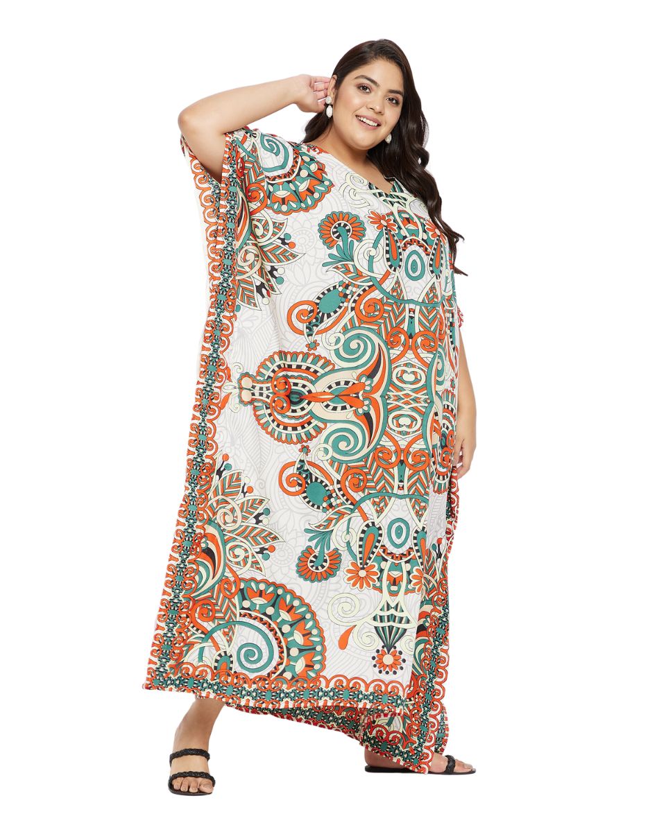 Floral Printed Multicolor Polyester Kaftan Plus Size Dress For Women
