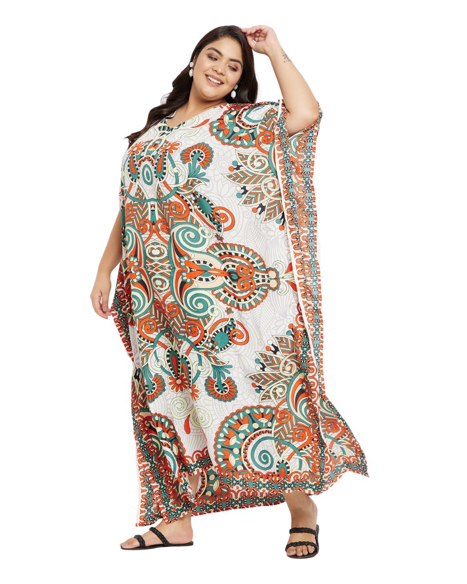 Floral Printed Multicolor Polyester Kaftan Plus Size Dress For Women