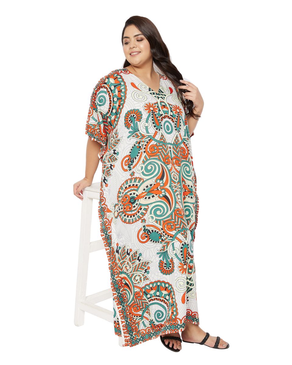 Floral Printed Multicolor Polyester Kaftan Plus Size Dress For Women