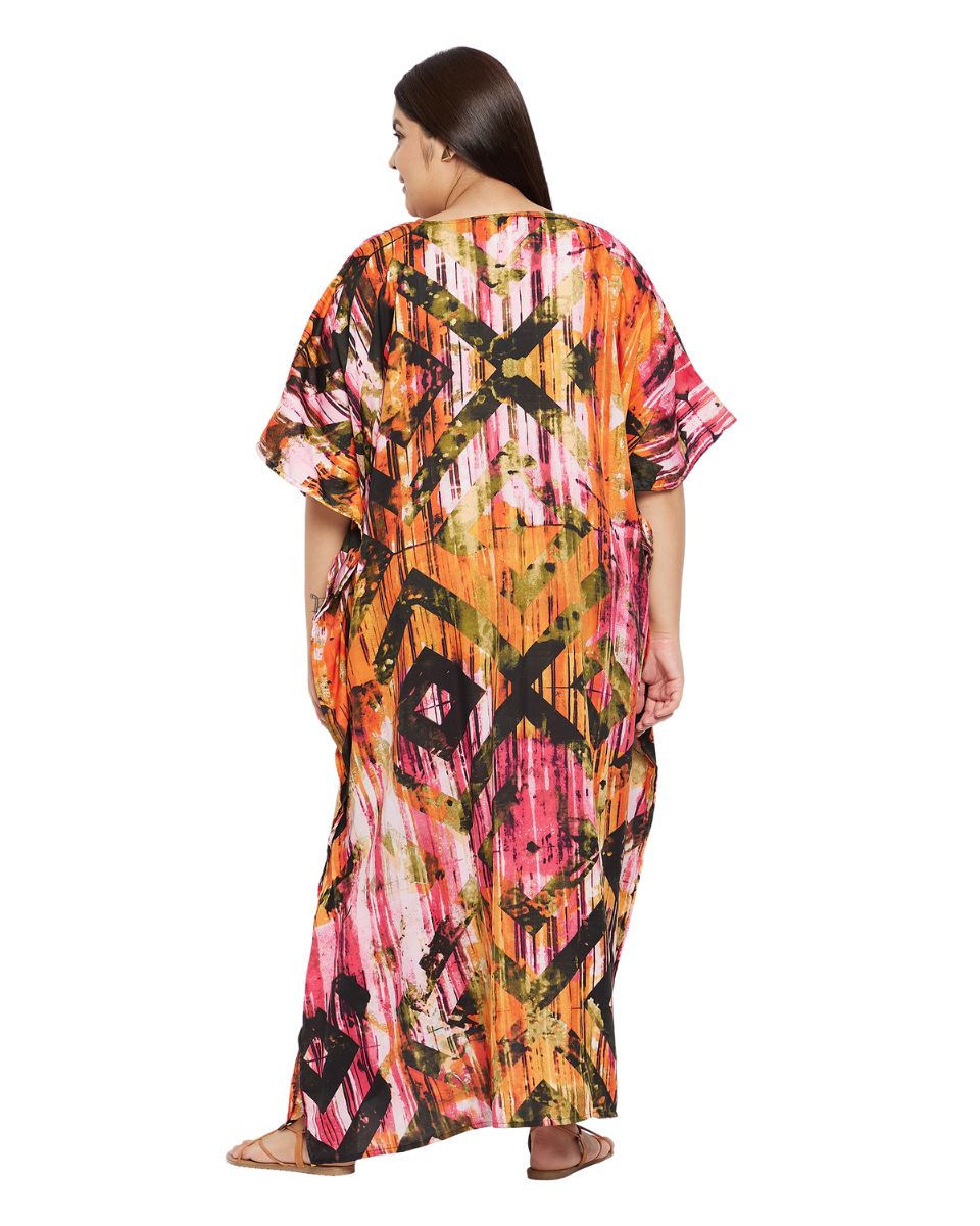 Geometric Print Multicolor Plus Size Polyester Kaftan Dress For Women