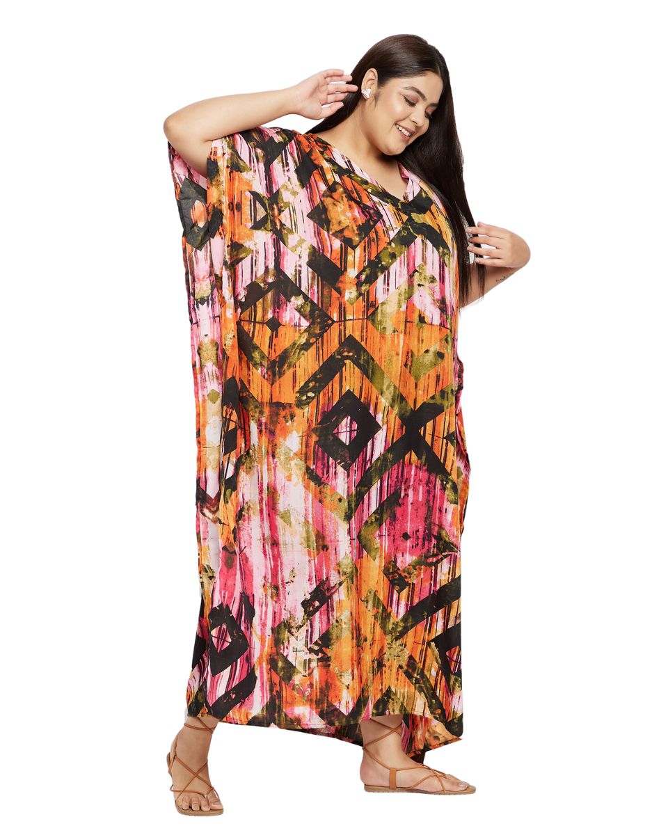 Geometric Print Multicolor Plus Size Polyester Kaftan Dress For Women