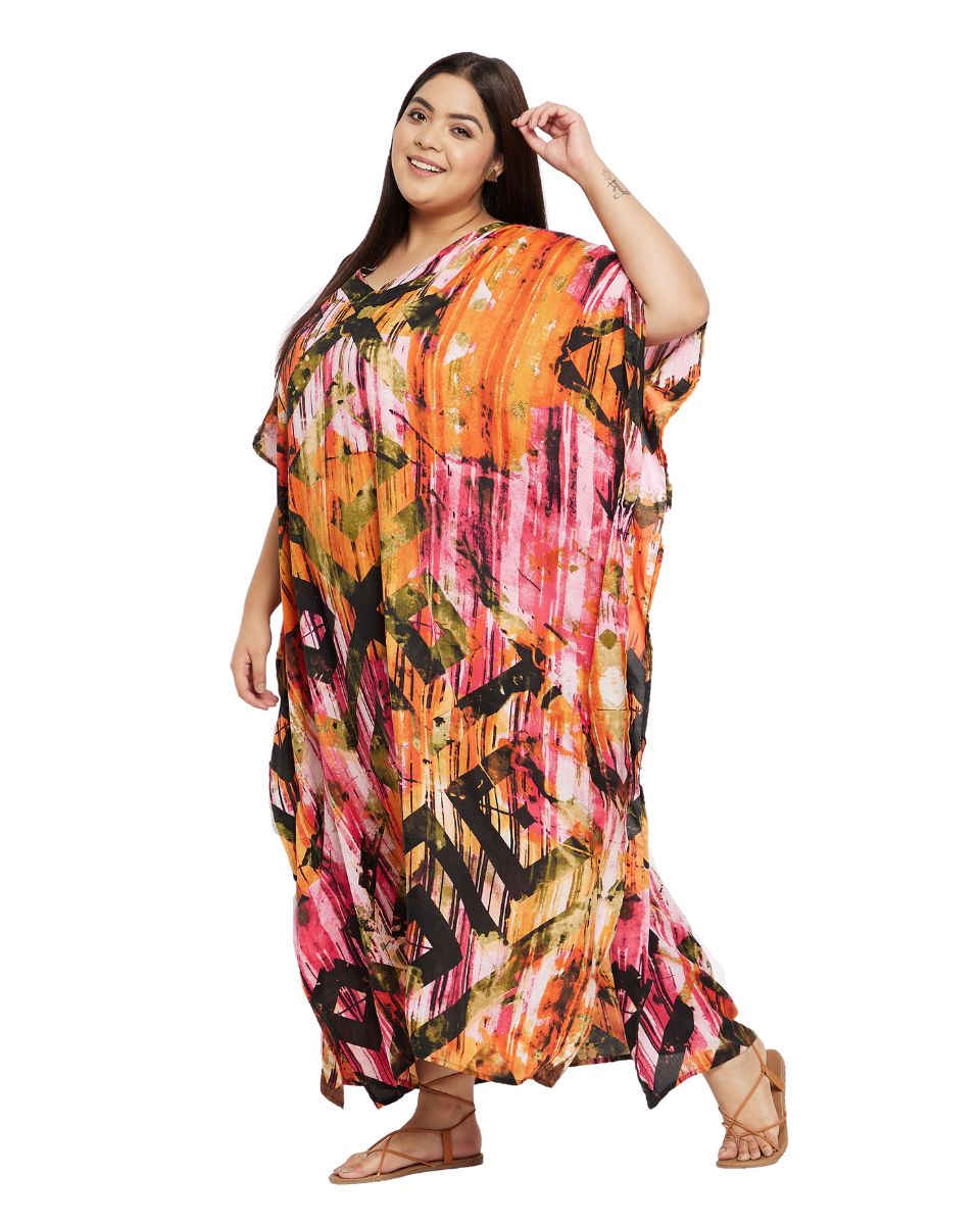 Geometric Print Multicolor Plus Size Polyester Kaftan Dress For Women