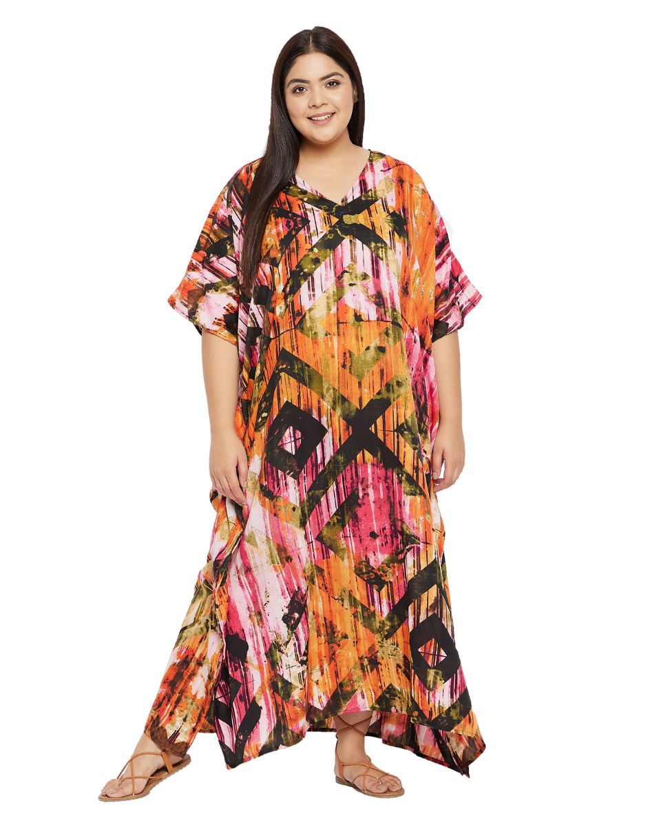 Geometric Print Multicolor Plus Size Polyester Kaftan Dress For Women