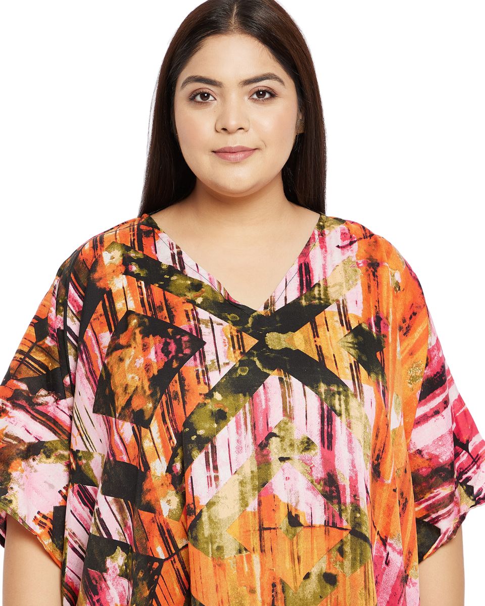 Geometric Print Multicolor Plus Size Polyester Kaftan Dress For Women