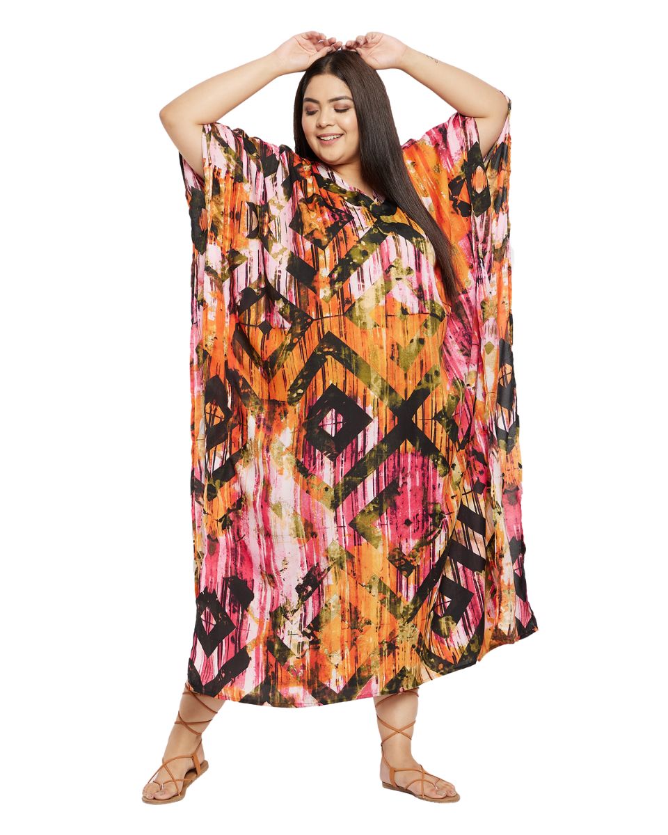 Geometric Print Multicolor Plus Size Polyester Kaftan Dress For Women