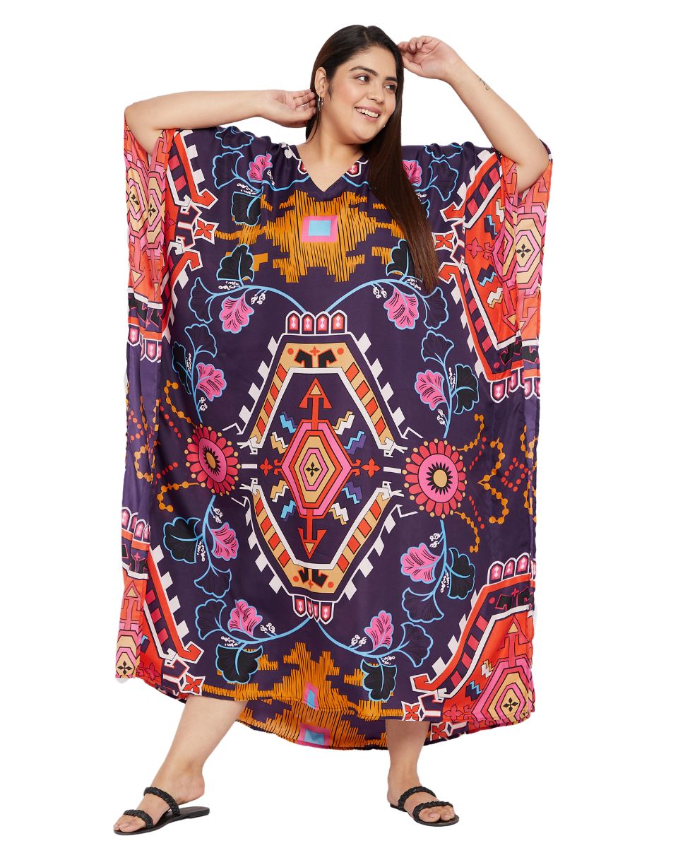 Printed Geometric Multicolor Polyester Kaftan For Plus Size Women