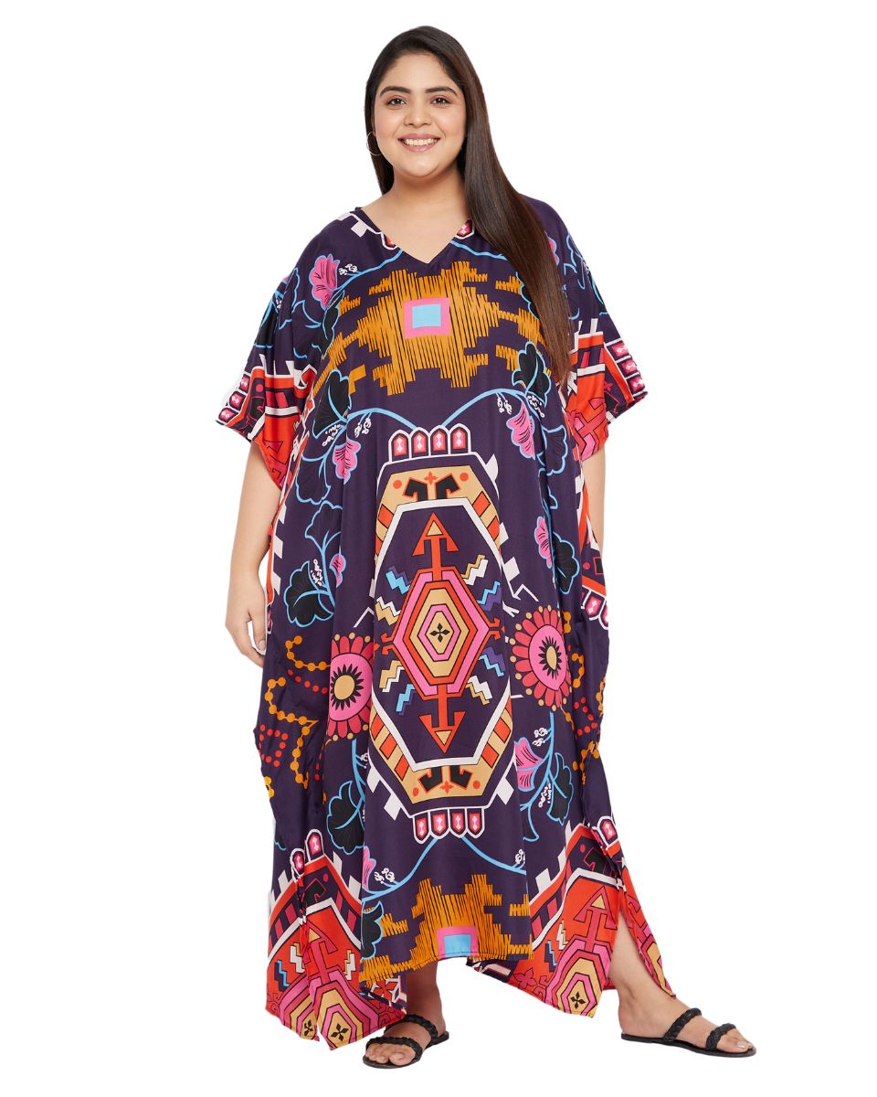 Printed Geometric Multicolor Polyester Kaftan For Plus Size Women