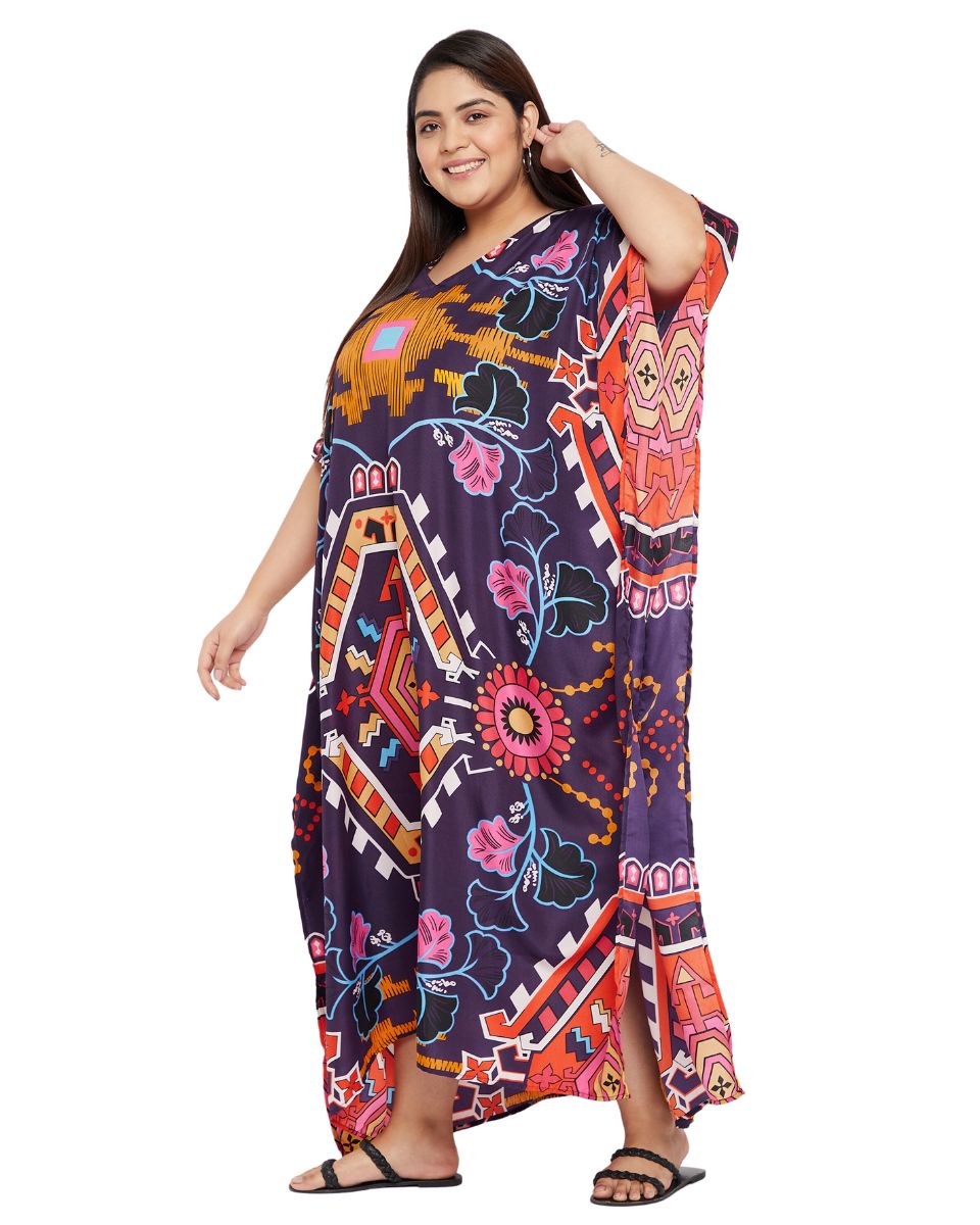 Printed Geometric Multicolor Polyester Kaftan For Plus Size Women