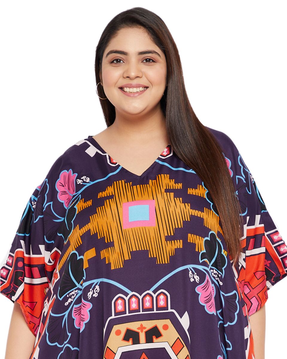 Printed Geometric Multicolor Polyester Kaftan For Plus Size Women