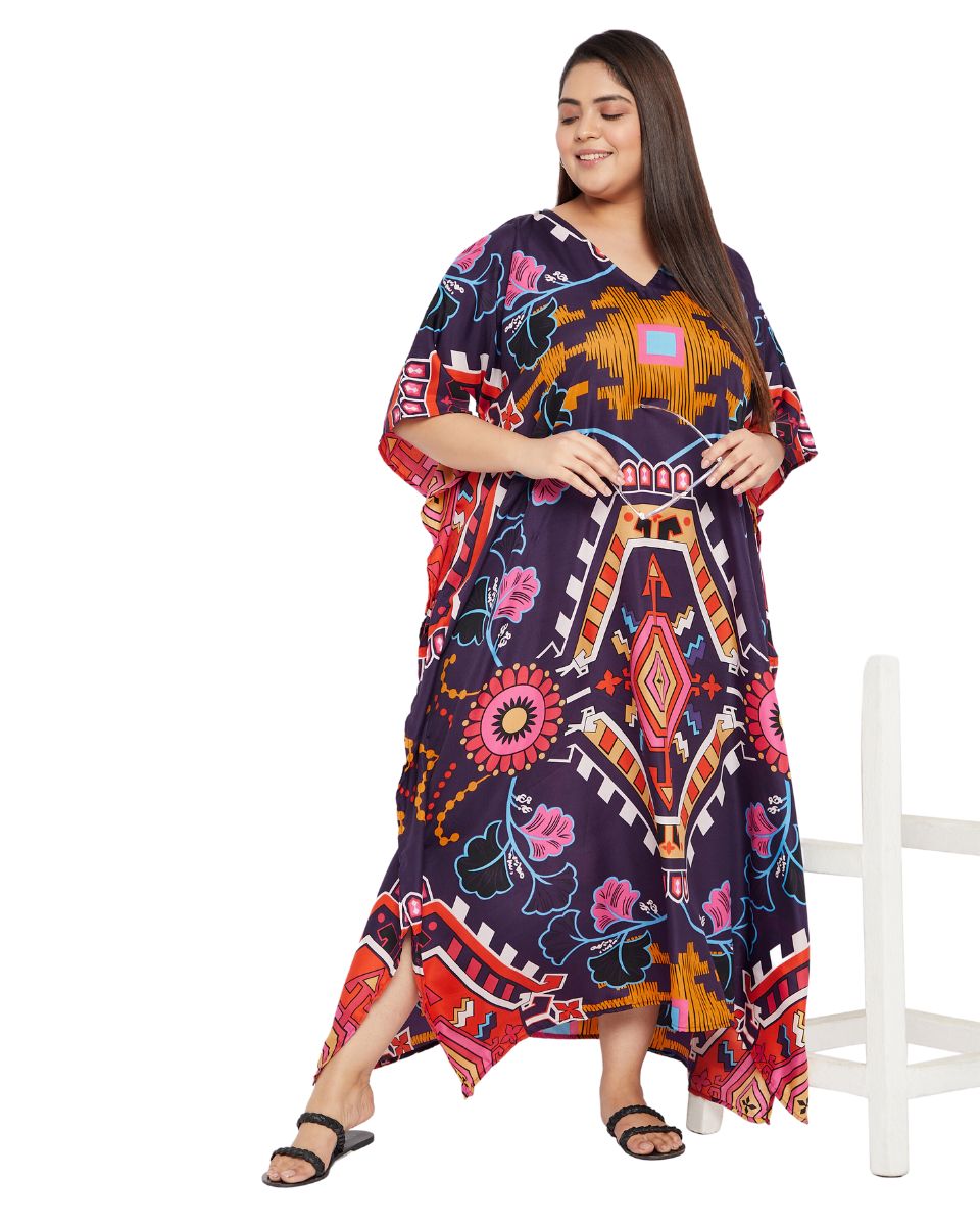 Printed Geometric Multicolor Polyester Kaftan For Plus Size Women