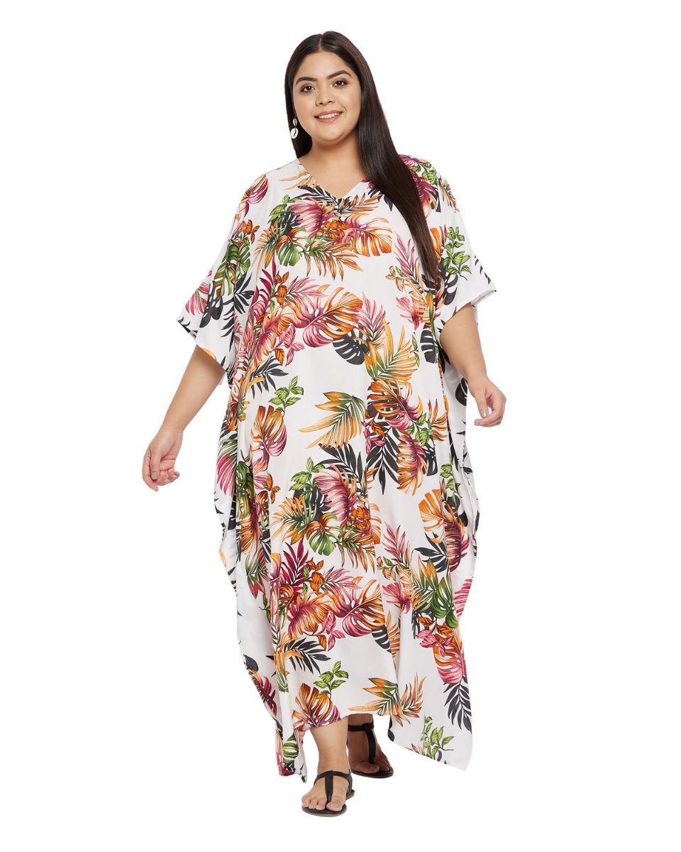 Leaf Printed White Polyester Kaftan Dress For Plus Size Women