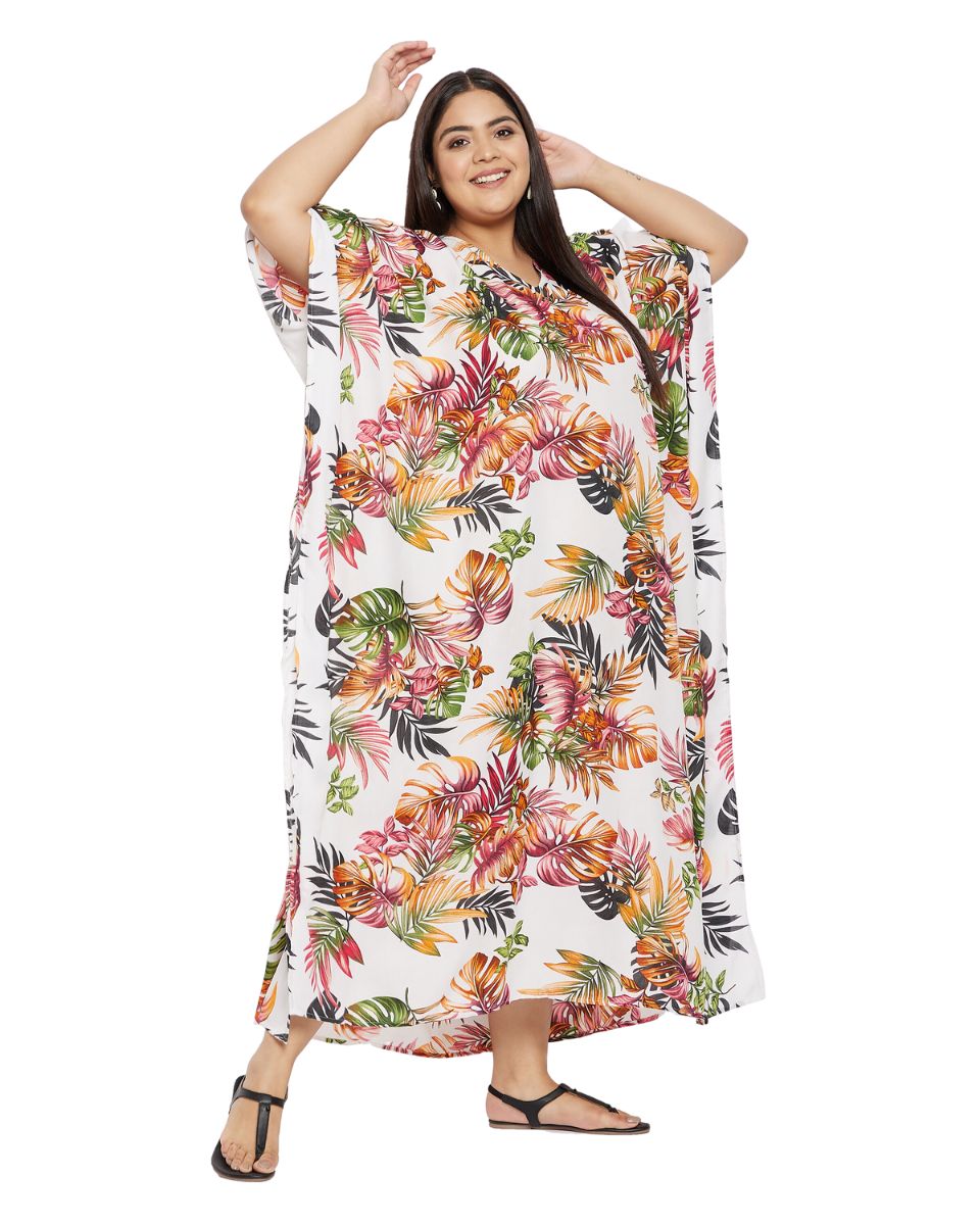 Leaf Printed White Polyester Kaftan Dress For Plus Size Women