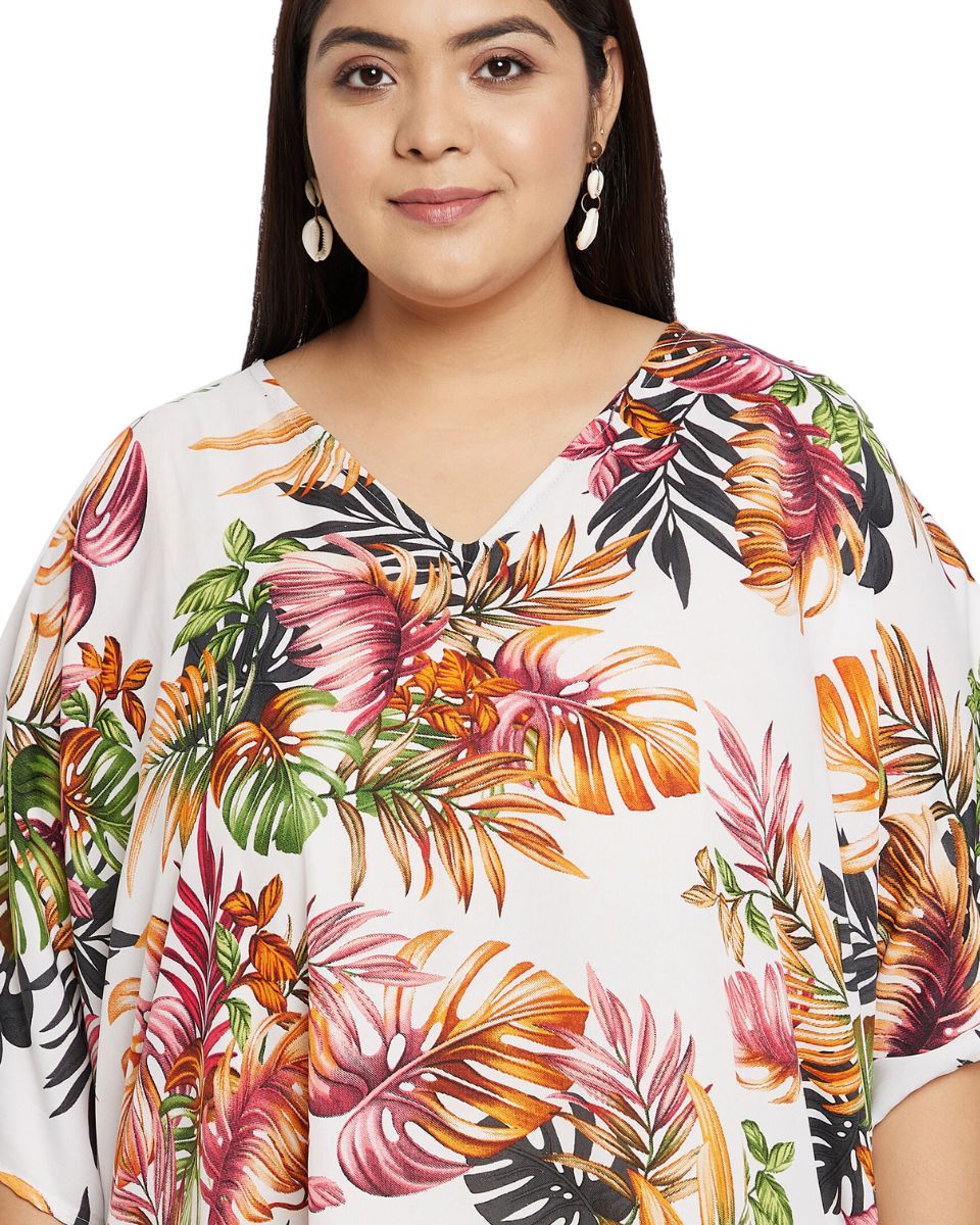 Leaf Printed White Polyester Kaftan Dress For Plus Size Women