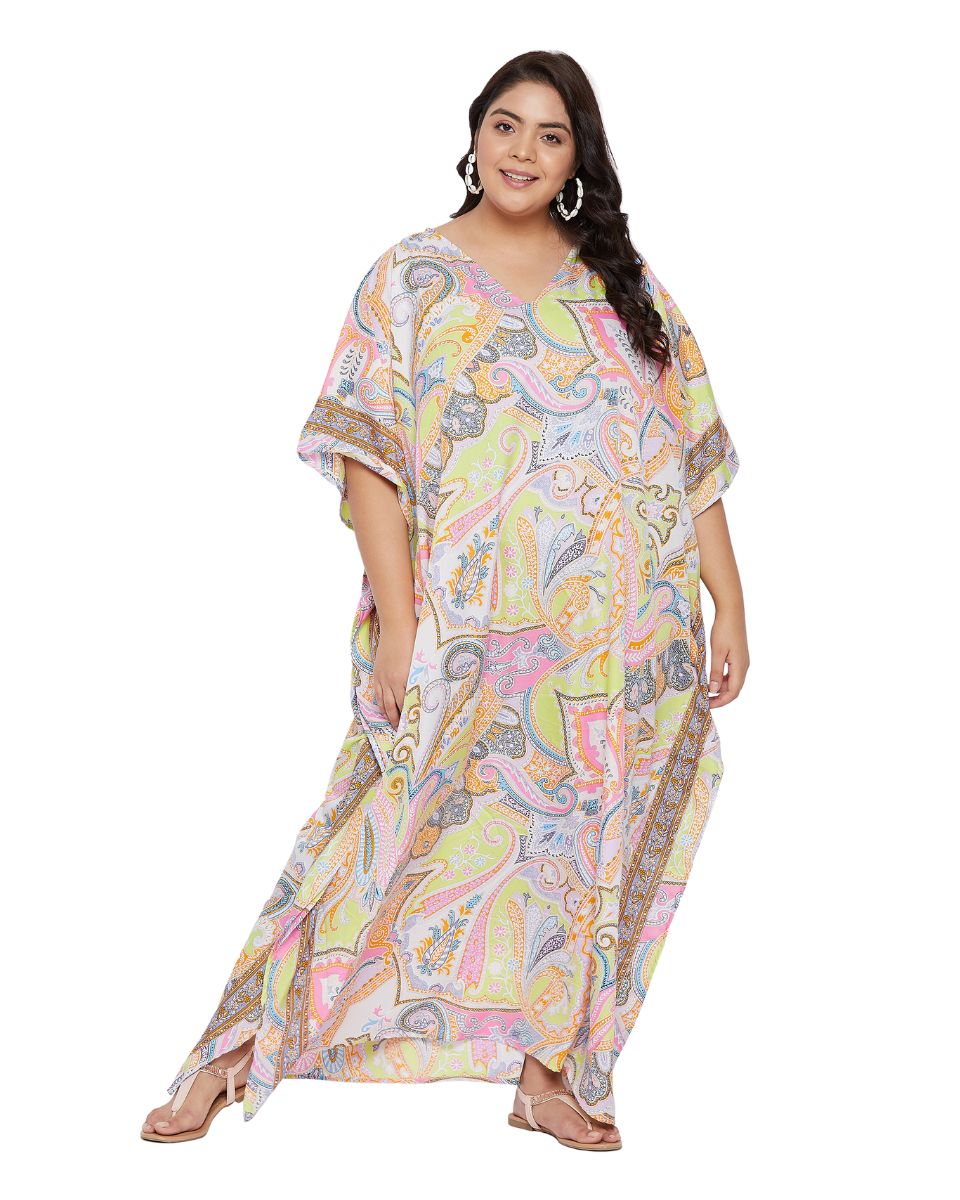 Paisley Printed Plus Size Yellow Polyester Kaftan Dress For Women