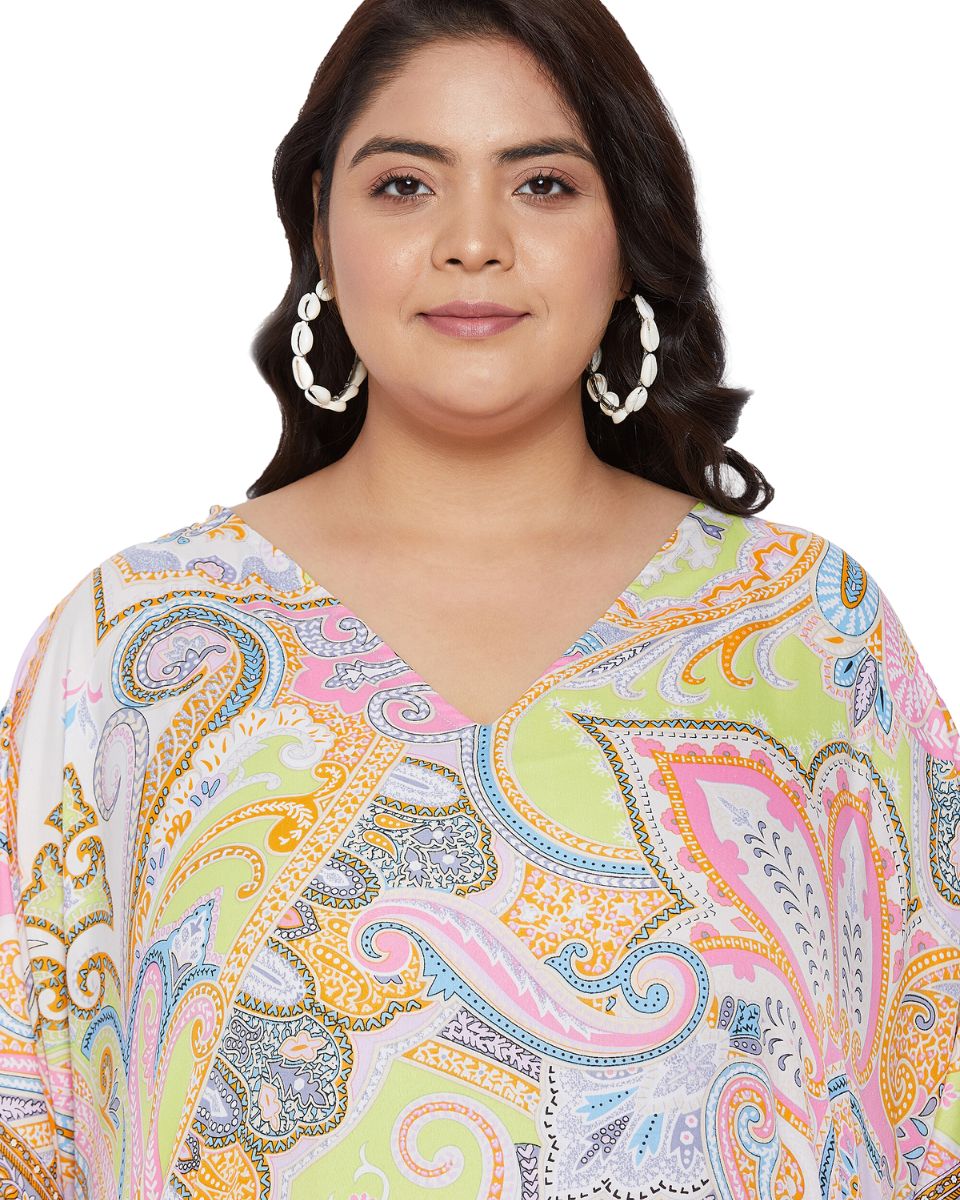 Paisley Printed Plus Size Yellow Polyester Kaftan Dress For Women