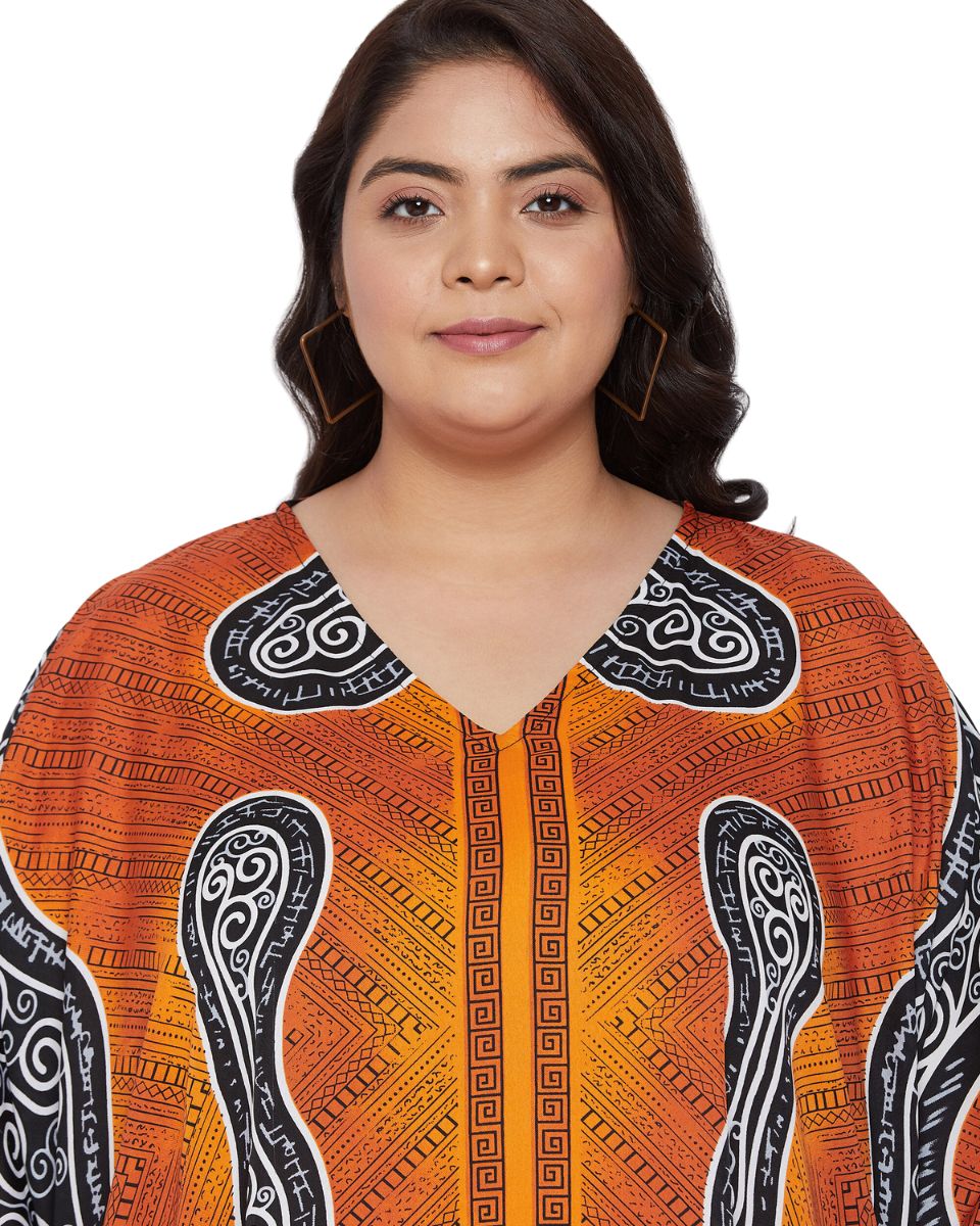 Abstract Print Orange Polyester Plus Size Kaftan For Women