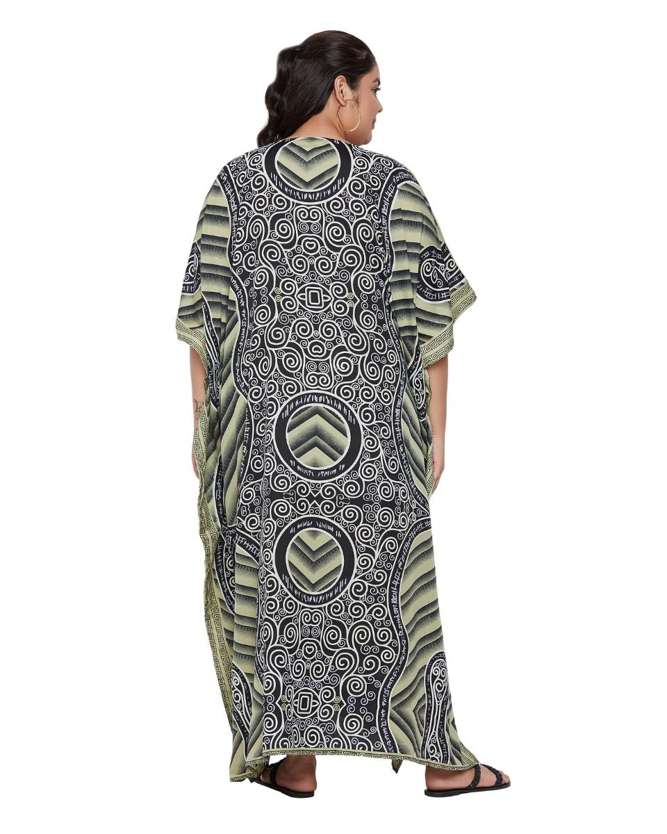 Abstract Printed Black Olive Polyester Kaftan Plus Size Dress For Women