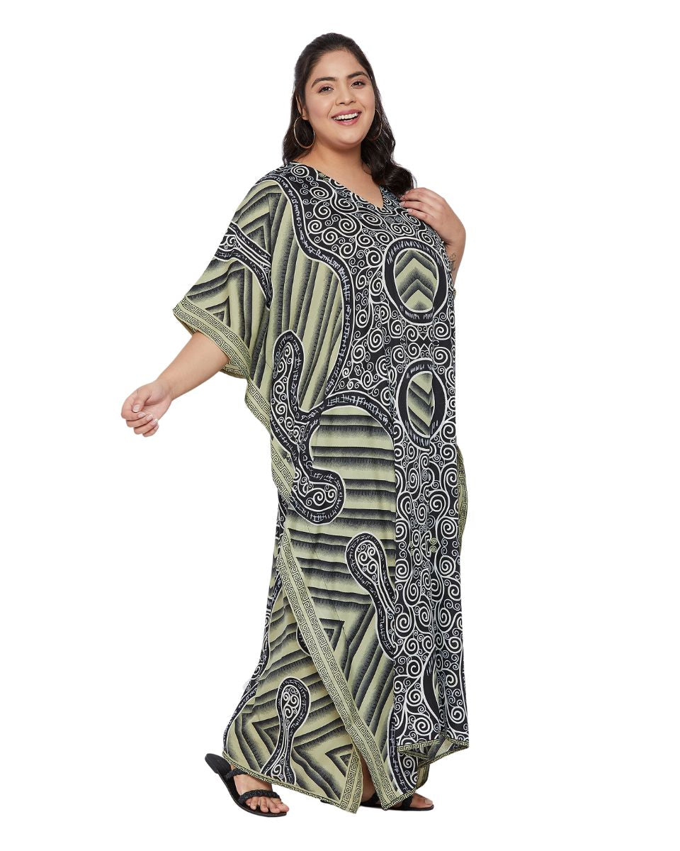 Abstract Printed Black Olive Polyester Kaftan Plus Size Dress For Women