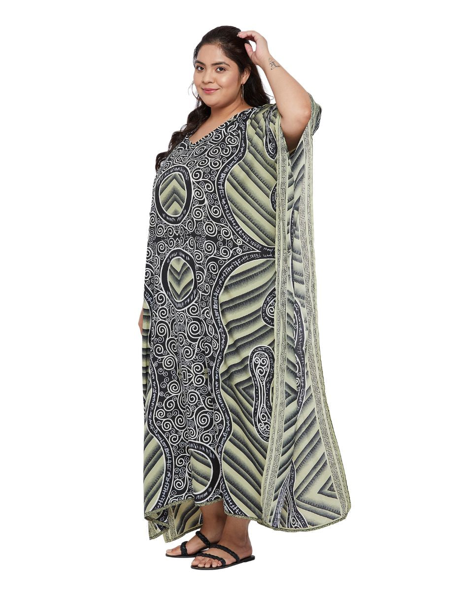 Abstract Printed Black Olive Polyester Kaftan Plus Size Dress For Women