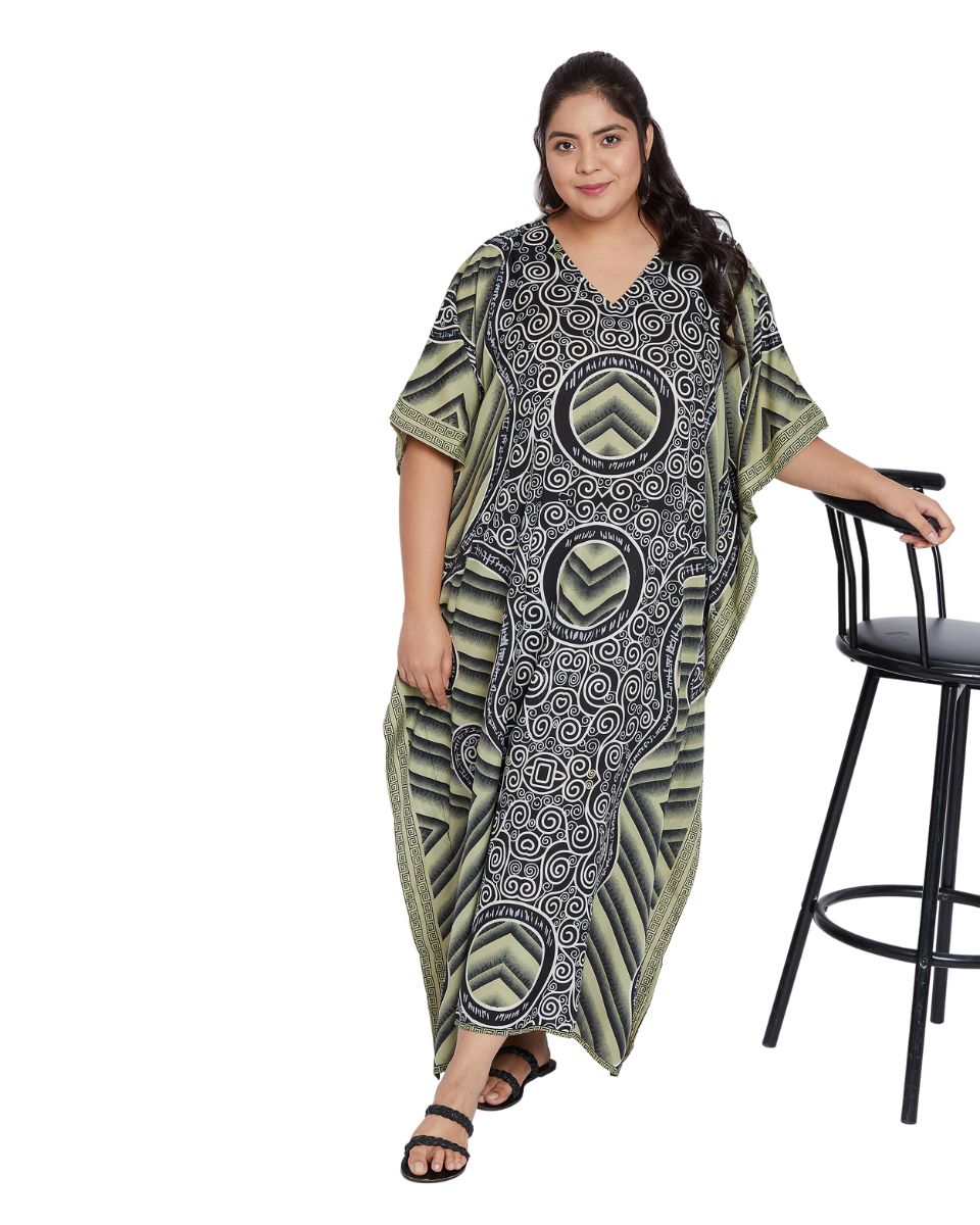 Abstract Printed Black Olive Polyester Kaftan Plus Size Dress For Women