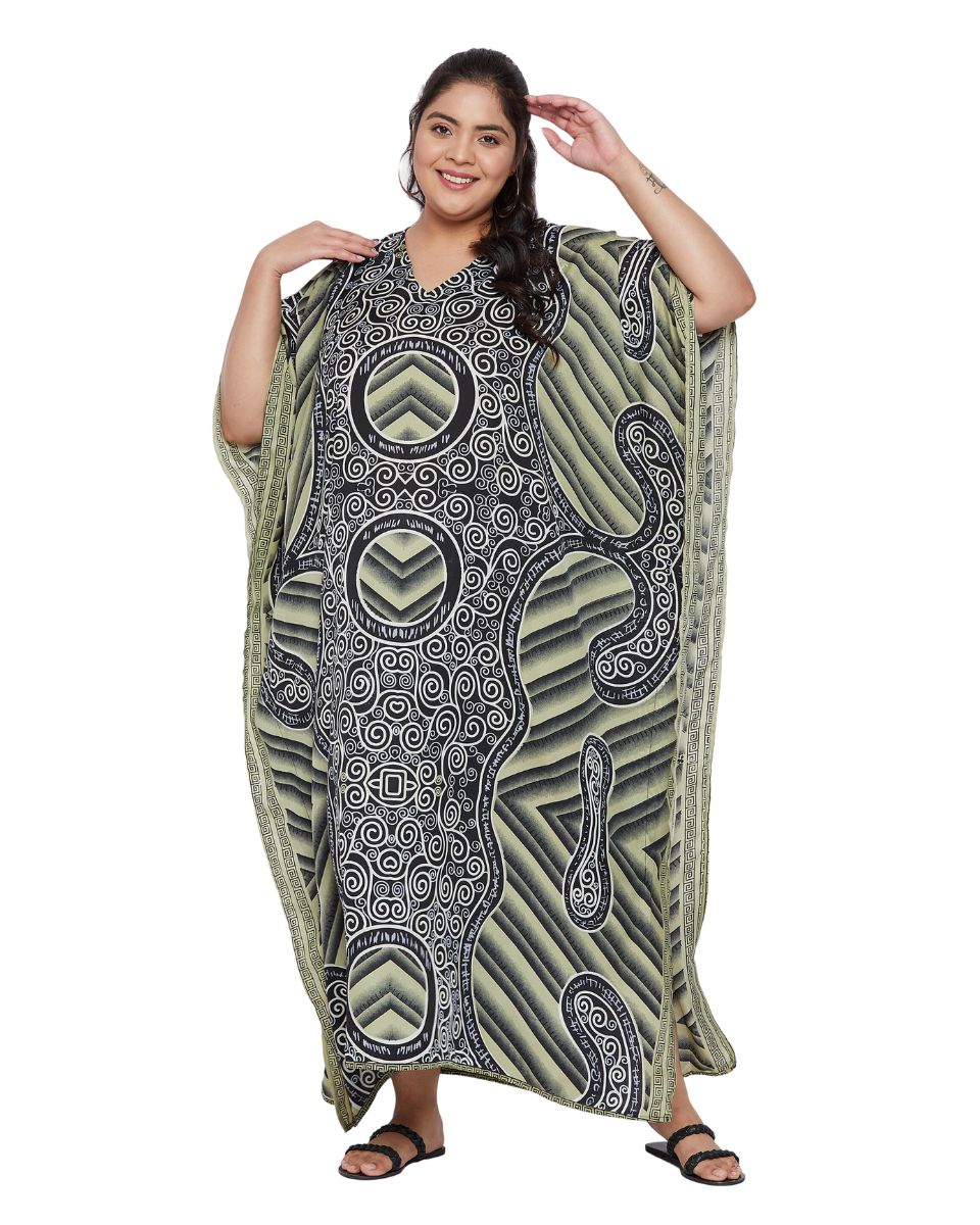 Abstract Printed Black Olive Polyester Kaftan Plus Size Dress For Women