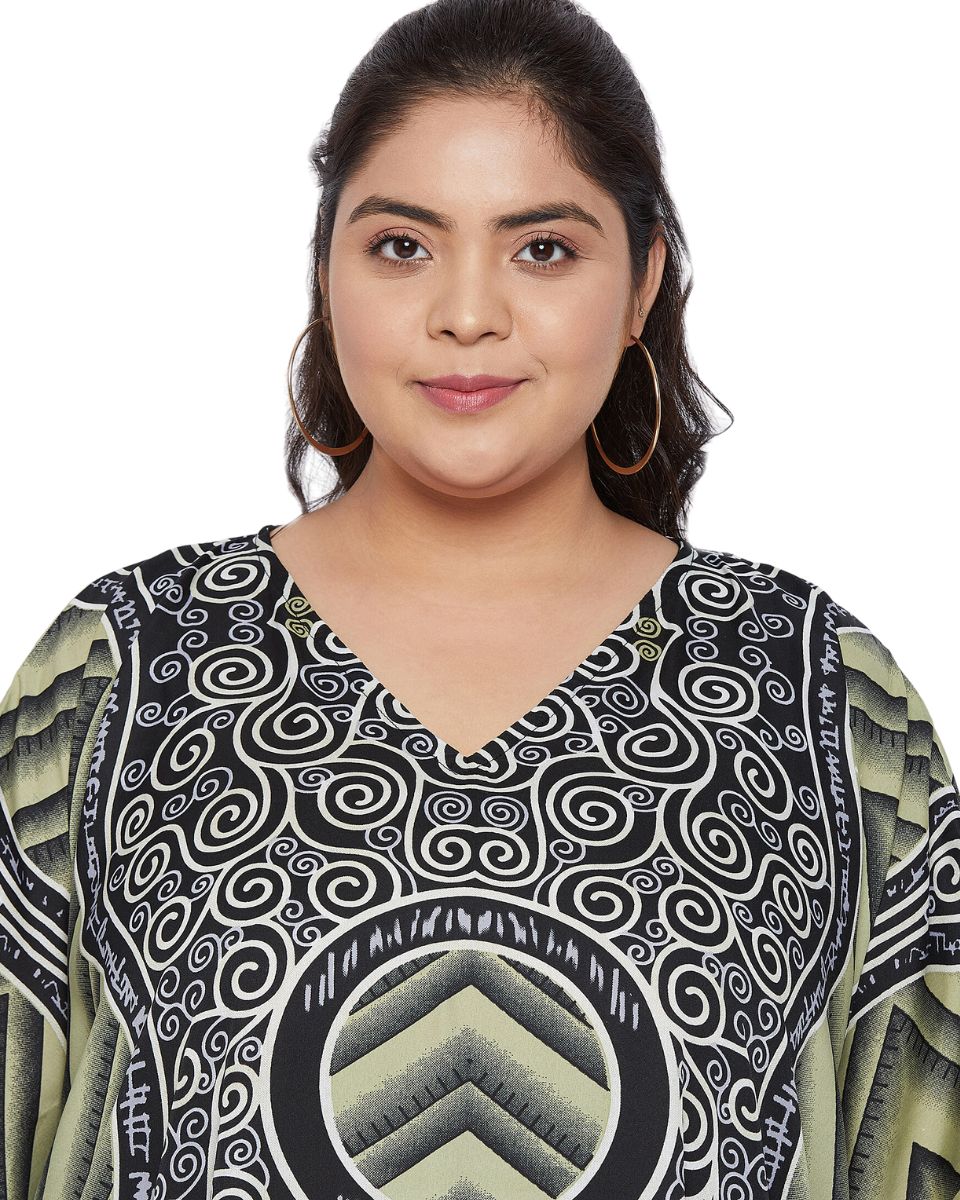 Abstract Printed Black Olive Polyester Kaftan Plus Size Dress For Women
