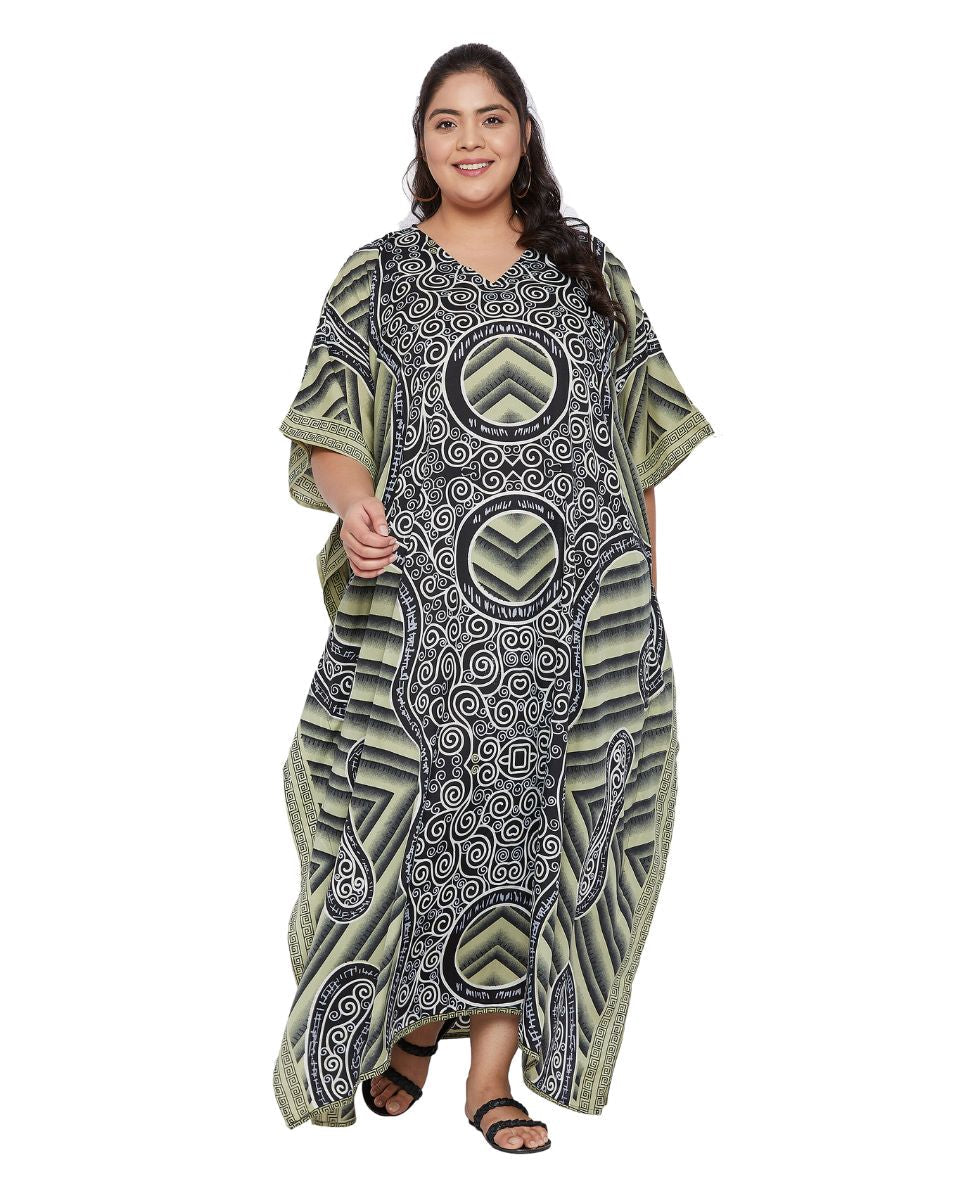 Abstract Printed Black Olive Polyester Kaftan Plus Size Dress For Women