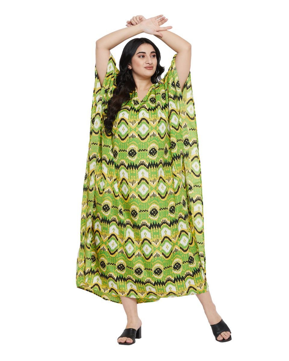 Tribal Printed Green Polyester Kaftan Dress For Plus Size Women